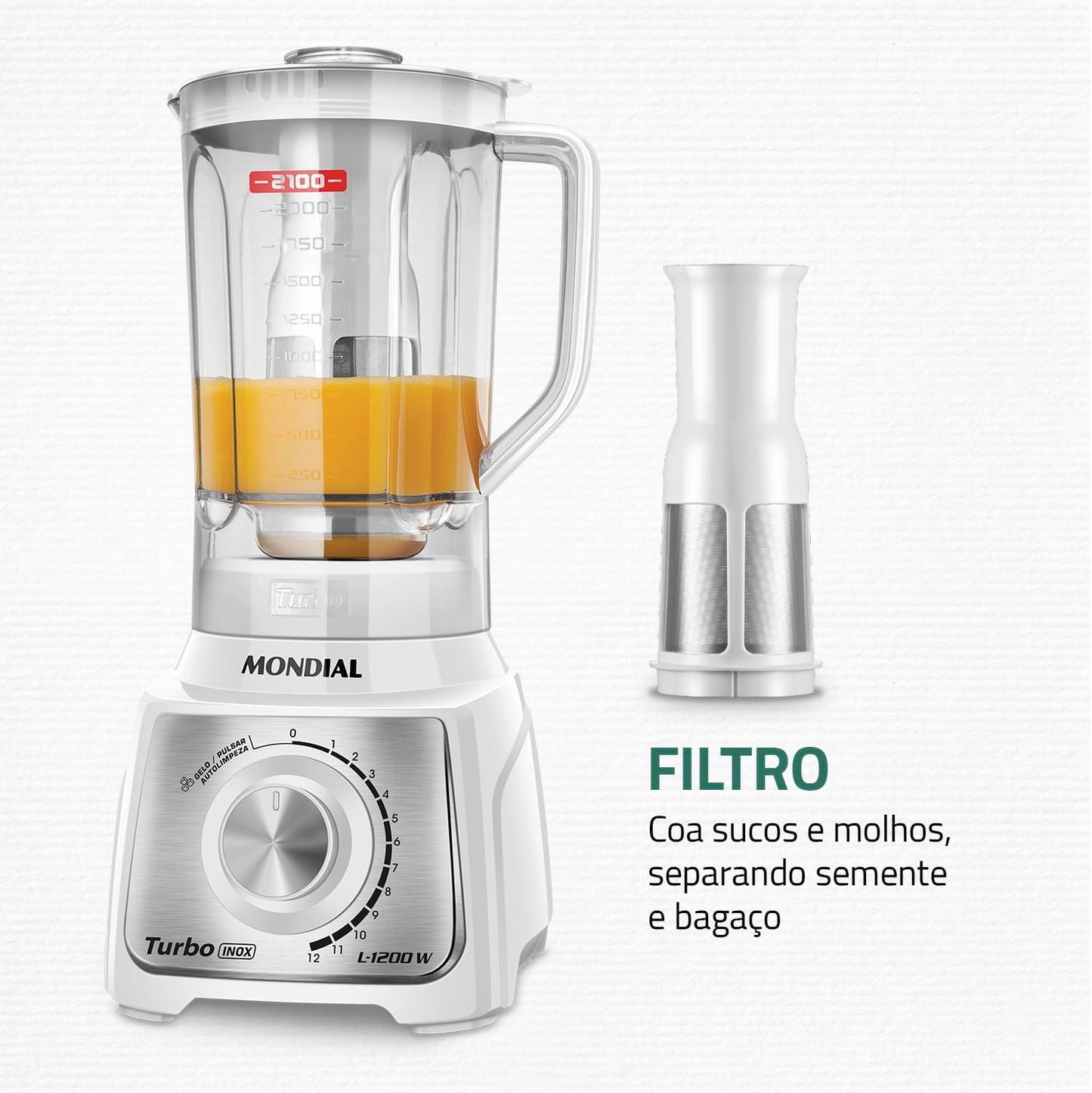 Liquidificador Turbo, Mondial, Branco/Inox, 1200W, 220V - L-1200 WI