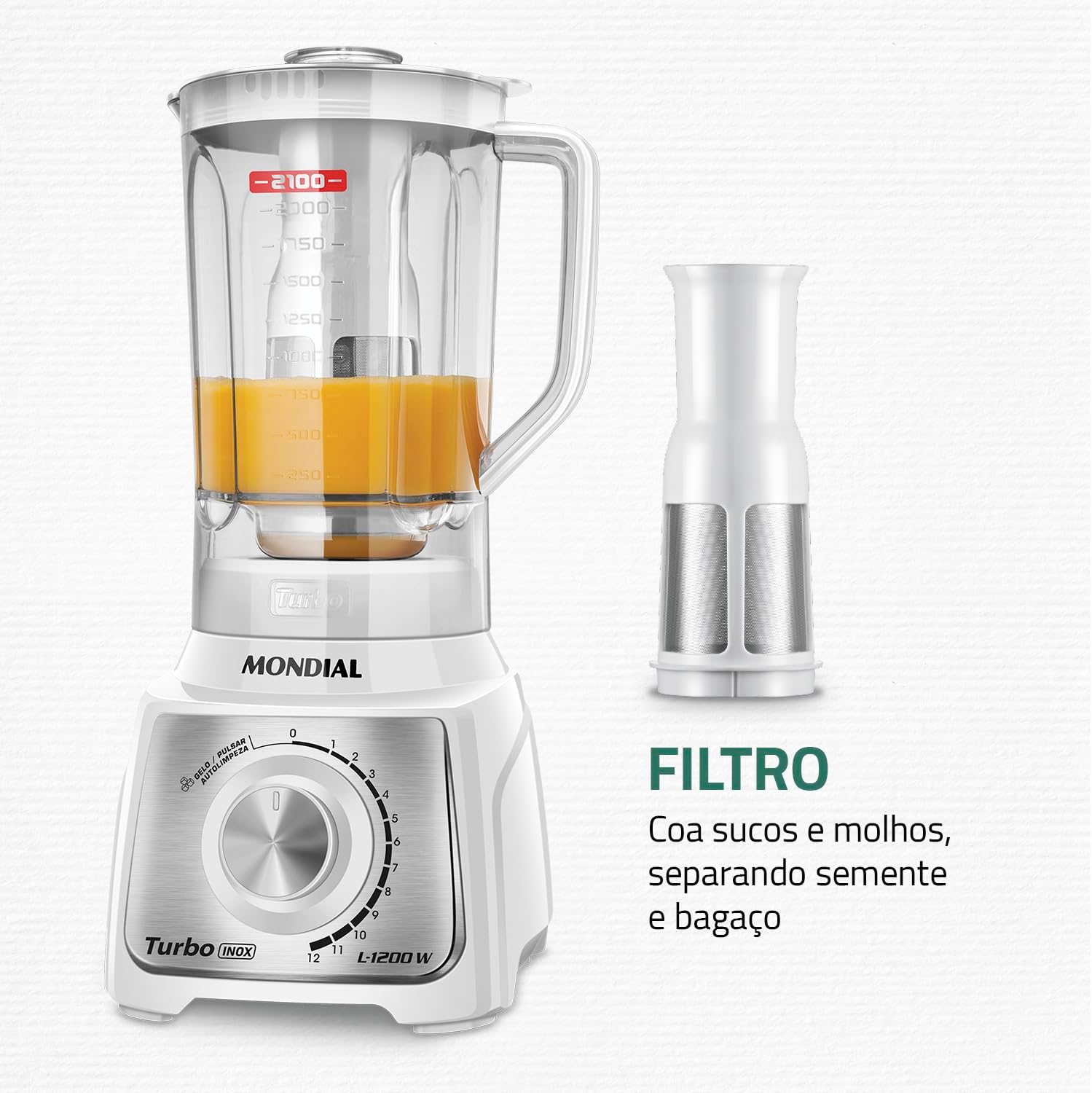 Liquidificador Turbo, Mondial, Branco/Inox, 1200W, 220V - L-1200 WI