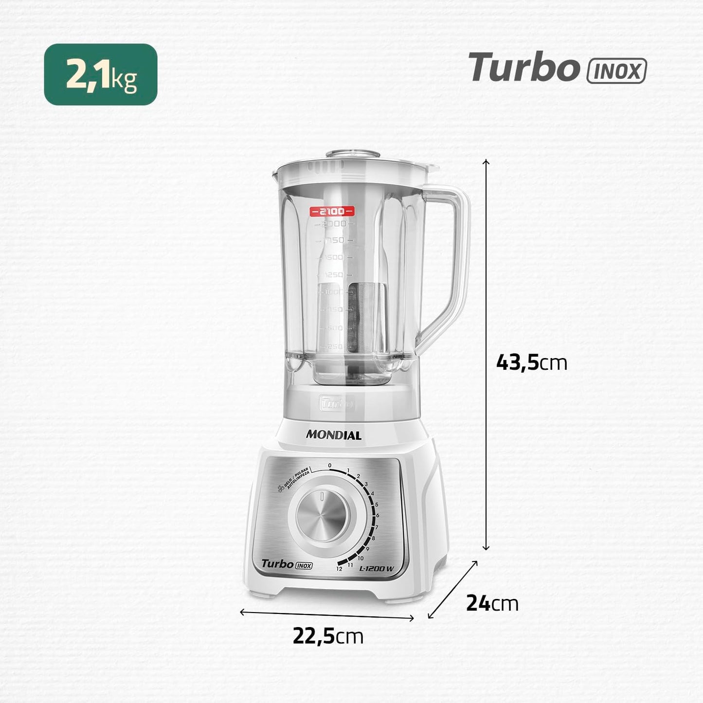 Liquidificador Turbo, Mondial, Branco/Inox, 1200W, 220V - L-1200 WI