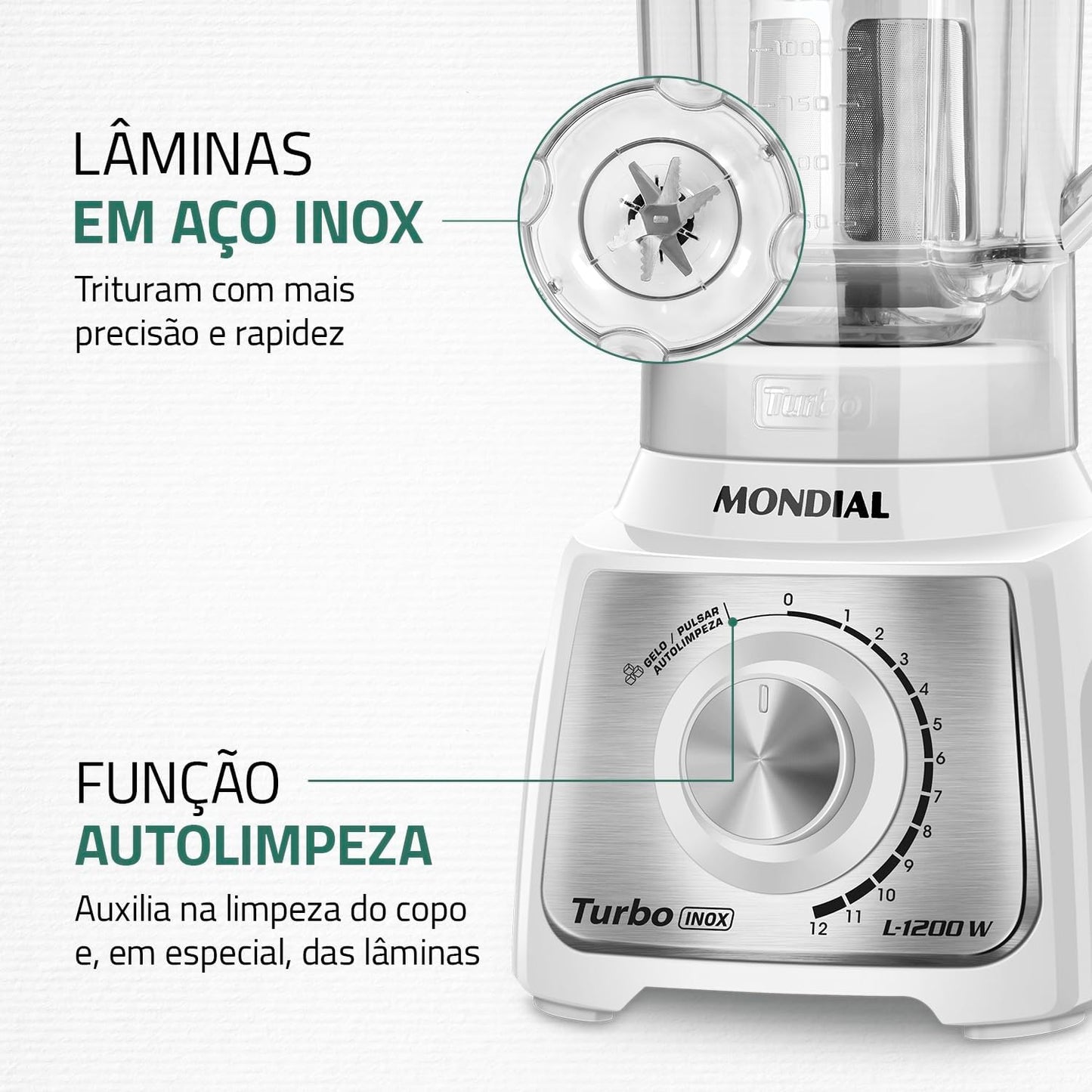 Liquidificador Turbo, Mondial, Branco/Inox, 1200W, 220V - L-1200 WI