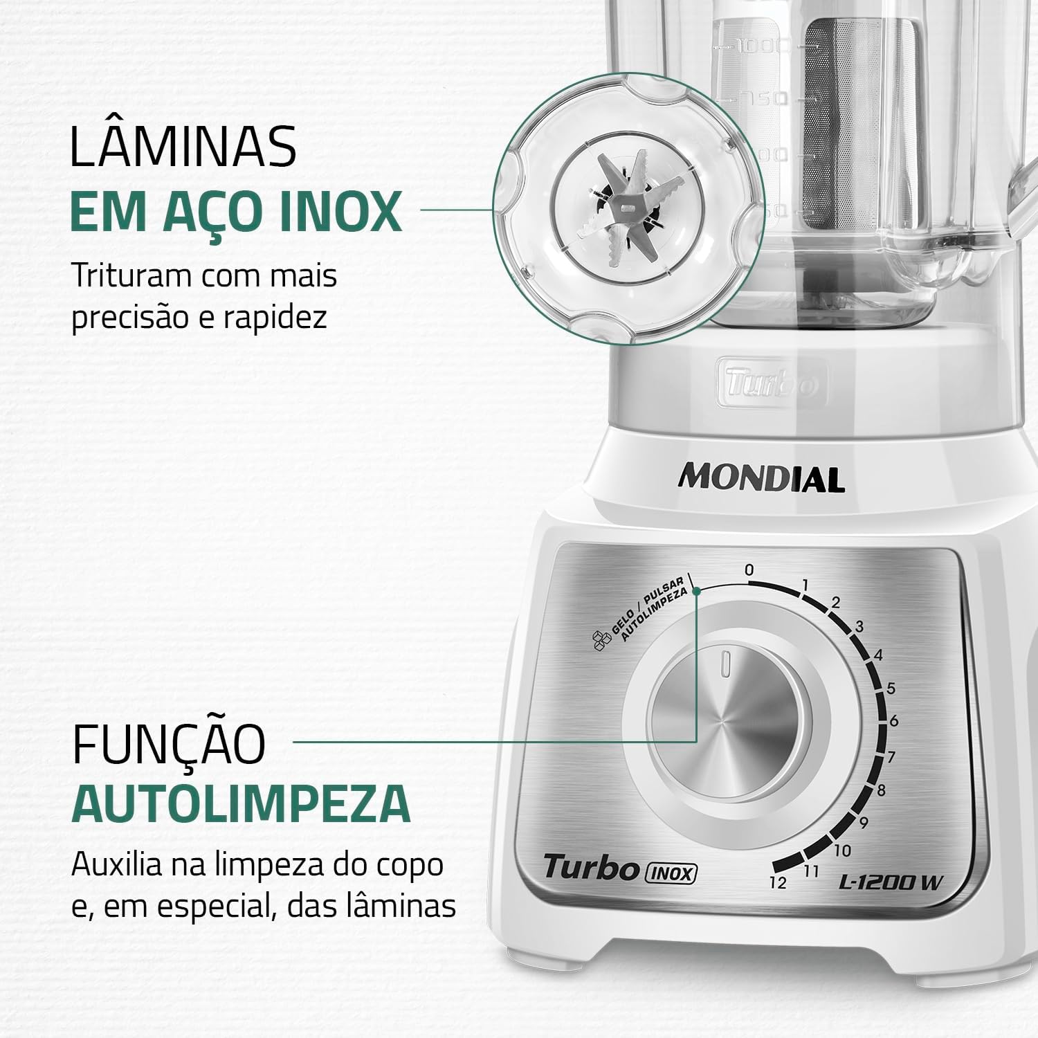 Liquidificador Turbo, Mondial, Branco/Inox, 1200W, 220V - L-1200 WI